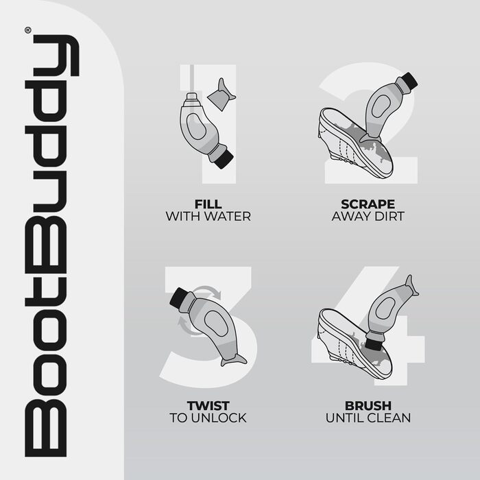 The Boot Buddy: Simple and efficient cleaning of dirty boots, shoes, and other outdoor gear. Cleans soccer, rugby, hiking boots, golf shoes, rain boots, and more in just minutes.