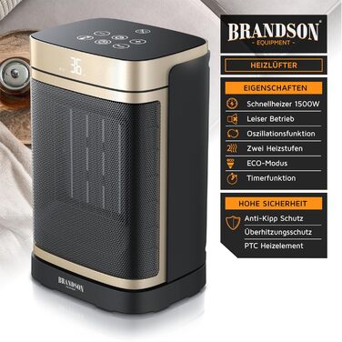 Керамічний обігрівач Brandson з пультом дистанційного керування: тихий, енергоефективний, з осциляцією, дитячим замком та таймером для ванної, вітальні, офісу, дитячої кімнати