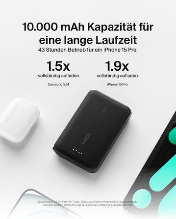Повербанк Belkin BoostCharge 10000mAh 20W з вбудованим кабелем USB-C, LED-індикатором, чорний