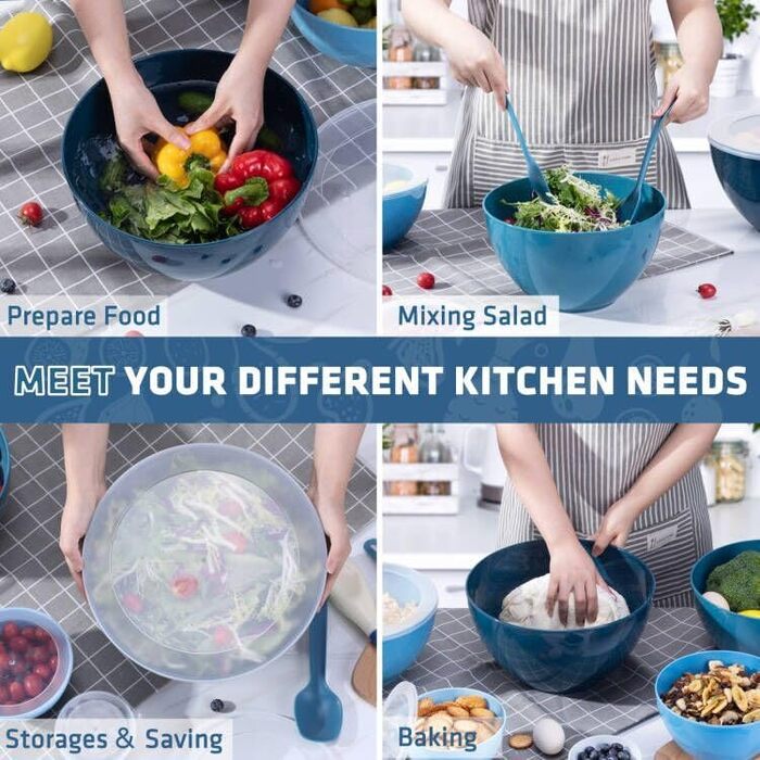 Luxear Large Mixing Bowl 0.2-6.5 L Salad Bowl Set with Lid, 6-Piece Bowl Set with Forks & Spoons, Large BPA-Free Plastic Bowls Stackable Bowl Set