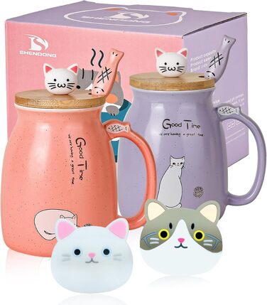 2-Pack Cat Mugs - Cute Ceramic Coffee Cups Set of 2 with Bamboo Lid and Spoon. Novelty Morning Cup Coffee, Milk, Tea Cups - 3D Cat Animal Mugs for Cat Lovers (Red and Purple)