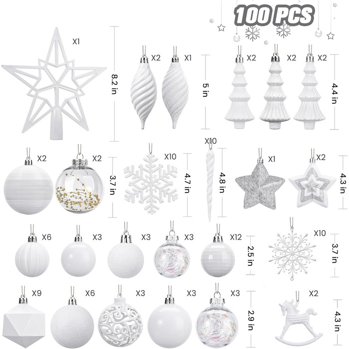 Набір з 100 штучних ялинкових прикрас Shareconn: міцні кульки з гачками, різні розміри та дизайни, для внутрішнього та зовнішнього декору