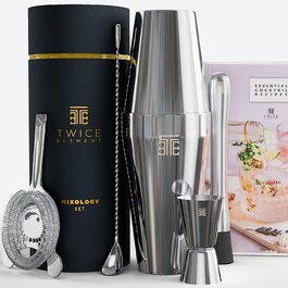 Cocktail Shaker Set - Stainless Steel Shaker in Boston Style | Rich Accessories for Easy Handling | Bonus Recipe Book, Elegant Gift Box & Storage Bag (Black)