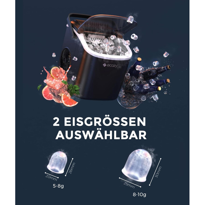 Машина для льоду Ecozy - компактна, самоочисна, 2 розміри кубиків, 9 кубиків за 6 хвилин, 12 кг/24 год, лопатка та кошик для кухні, офісу, бару, вечірки