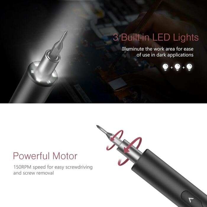 Міні-шуруповерт LOFICOPER 28 в 1: акумуляторний набір з LED, USB-C, 24 біти для ремонту ноутбуків та годинників (чорний)