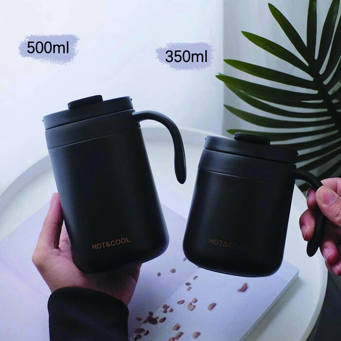 Термокружка з нержавіючої сталі 500 мл з кришкою та ручкою, подвійні стінки, вакуумна ізоляція, для подорожей та кемпінгу (Чорний)