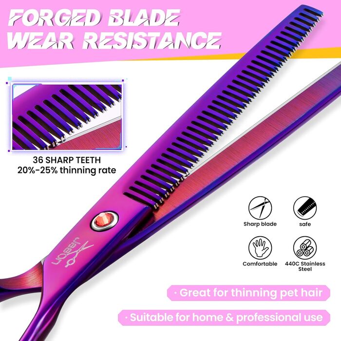 Професійна вигнута ножиця для собак JASON - 7,5' ножиця для грумінгу собак з японської нержавіючої сталі. Ножиці для догляду за шерстю собак та котів (вигнуті, фіолетові) (тонке розрідження)