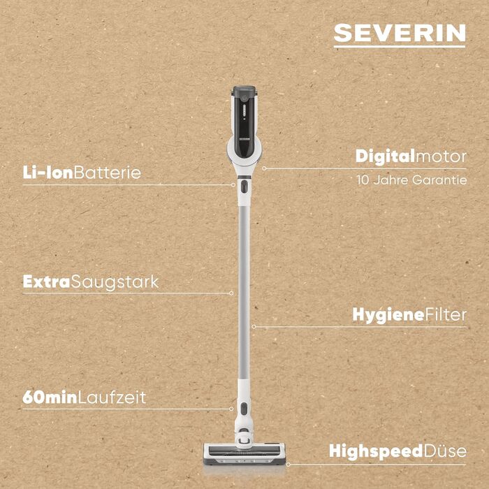 SEVERIN HV 7166: Бездротовий акумуляторний пилосос 2-в-1, 60 хв роботи, для тварин, легкий, без мішка, 400 Вт, білий