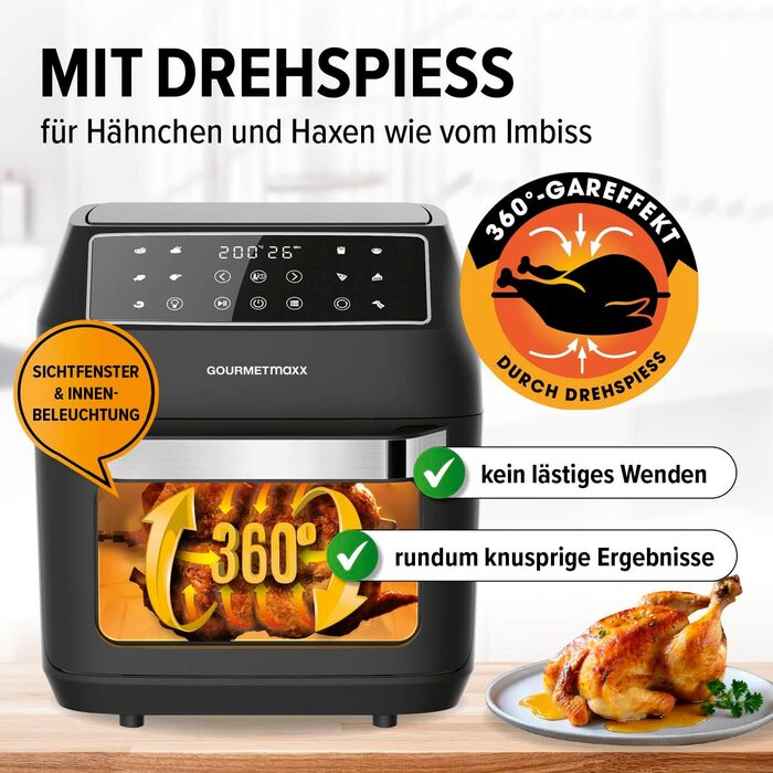 GOURMETmaxx Hot Air Fryer 12 L Airfryer | Deep Fryer with 9 Functions, Touch Display, Rotating & Skewer Spits | 10 Programs incl. Pizza | Mini Oven 1700 W – virtually without oil, matte black, 12 liters