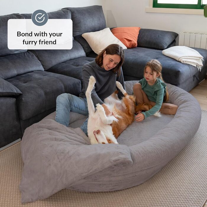 Dog Bed for Humans & Dogs | Giant Human Dog Bed for People | Warm & Comfortable Beanbag Bed | Dog Bed for People & Pets in Human Size | Blanket Included & Removable Cover | Grey