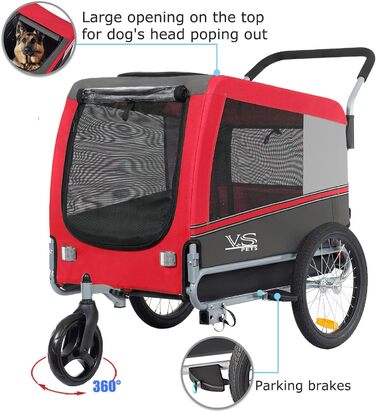 Візок для собак Tiggo VS Pets 2-в-1: візок та велосипедний причіп, великий (270 л), до 35 кг, червоний