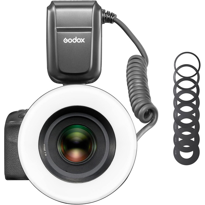 Godox MF-R76 Макро-кільцевий спалах, допоміжні лампи фокусування, незалежне регулювання яскравості, акумулятор Li-Ion, 8 адаптерних кільця для камер