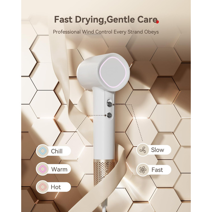 Фен з дифузором, потужний фен з мотором 160 000 об/хв, іонізатор, 500 млн негативних іонів, для подорожей та дому (сірий), з дифузором