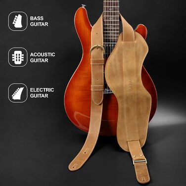 Гітарний ремінь Nefelibata з повномісної шкіри, 2' з кишенею для медіатора, для бас-, електро- та акустичної гітари, з медіаторами, кнопками та замками (Star Black) (Vintage Latte Brown)