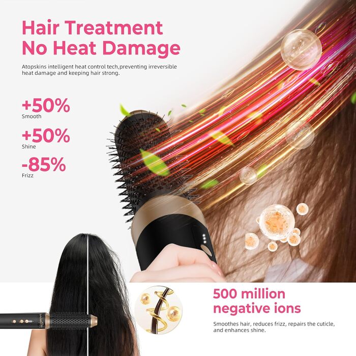 Atopskins 7-в-1 Airstyler: професійний набір для укладки волосся, 110000 об/хв, 1400 Вт. Фен-щітка, локон, випрямляч, іонізація. Для об'єму, сушіння та укладки. Чорний та золотий колір.