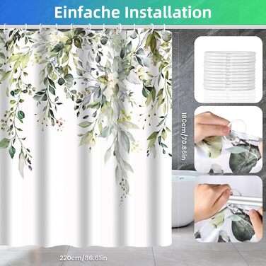 Шторка для душу текстильна з 12 гачками, водонепроникна, антигрибкова, 180x200 см, для ванної кімнати, зелена