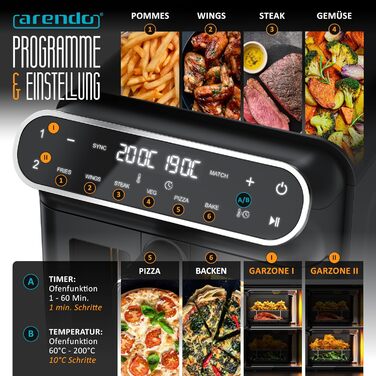 Фритюрниця Arendo з гарячим повітрям XXL Dual Zone з 2 камерами – 11 л – 2 зони – Airfryer з подвійними камерами та вікном – 6 програм – Без BPA – 3D циркуляція повітря – Функції Sync та Match A: 11 літрів