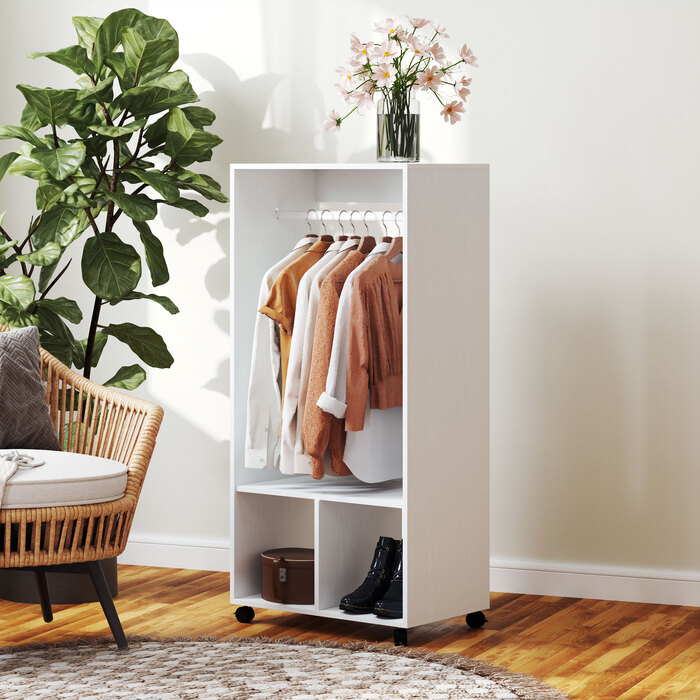 HOMCOM Mobile Clothes Closet Wardrobe with Shelf 4 Swivel Wheels for Living Room Bedroom, Aluminum Alloy, 60 x 40 x 127 cm, White | Aosom