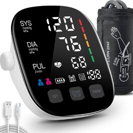 Тонометр на плече з великим LED-дисплеєм, визначення аритмії, вимірювання пульсу та індикатор ризику, 2×199 місця пам'яті, USB-порт, манжета 22-42 см