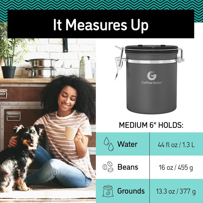 Контейнер для кави Coffee Gator з нержавіючої сталі, герметичний, з датчиком дати, CO2-вентилем, ложкою, для кавових зерен, кавової гущі, горіхів, чаю, цукру (Чорний, M)