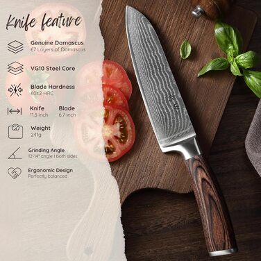 Ніж Santoku Wakoli EDIB Damast I 17 см, лезо з 67 шарів з VG10-сталі, з ручкою з паккавуду. Професійний кухонний ніж з дамаської сталі в подарунковій коробці, без гравіювання.