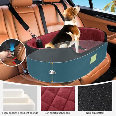 Dog Car Seat for Medium & Large Dogs (Up to 25kg) or 2 Small Dogs - with Leashes & Washable Cushion - Back Seat Cover (Black/Red)