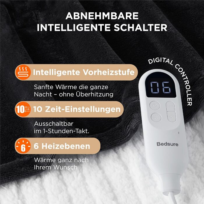 Електрична ковдра BEDSURE з автовимкненням, 130x180 см, сіра (180 x 200 см, чорна)