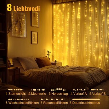 Льодовиковий штор LED 3x3м, 300 LED, з пульт, 10 гачків, USB, для декору, вікна, кімната, балкон, тепле світло, PVC