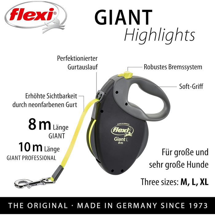 Flexi Giant Professional L: 10 м, повід для великих собак до 50 кг, чорний/неоновий жовтий