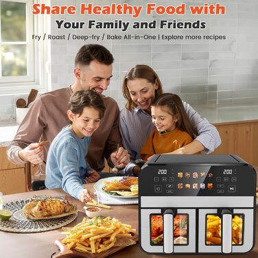 Фритюрниця повітряна KAITOL Dual Zone 10L, 2400W з подвійними зонами, 10 програм, цифровим дисплеєм, антипригарним покриттям, функціями розморожування та випікання, чорного кольору