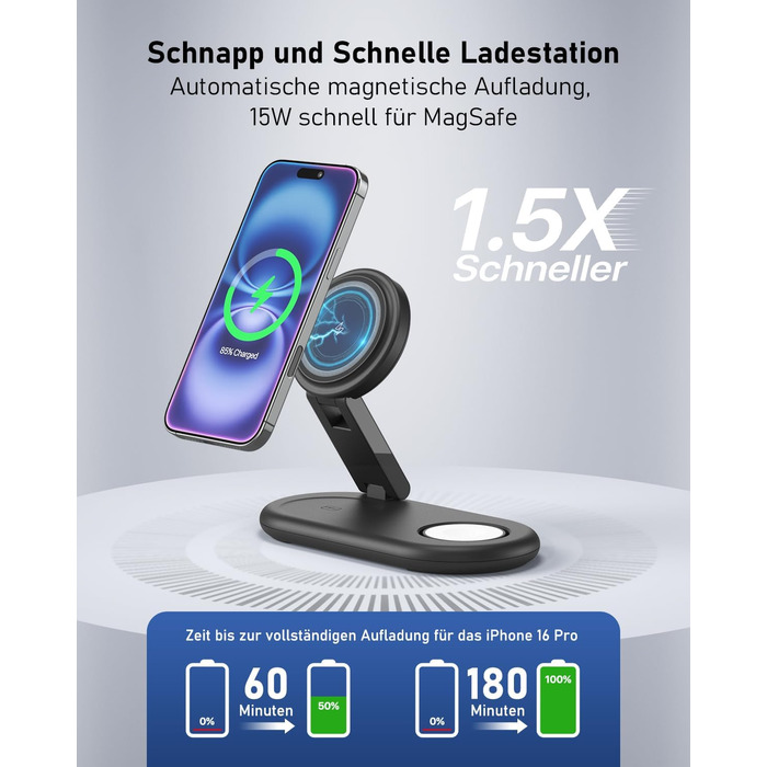 Зарядна станція 3-в-1 для Apple Watch та iPhone з MagSafe, сумісна з iPhone 17, 16, 15, 14, 13, 12, AirPods Pro (білий/чорний)