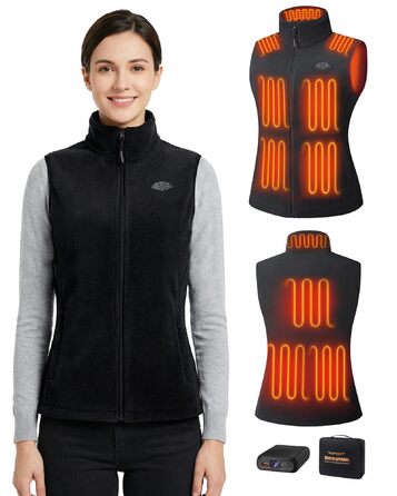Електрична гріюча жилетка Topdot для жінок з флісу з Powerbank 7.4V 16000mAh, 10 зон нагріву, 3 температурні режими, для велоспорту, кемпінгу та outdoor-робіт, чорна, розмір M