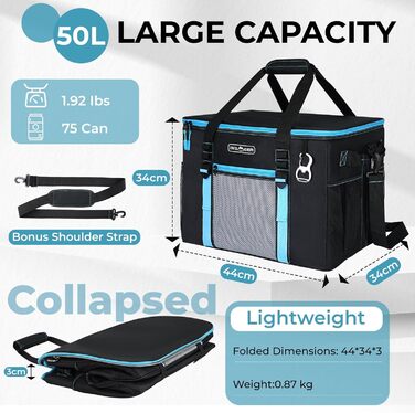 INSMEER Кулер для їжі та напоїв 50 л, великий, складний, для 80 банок, витримує витоки, з відкривачем, для пікніків, кемпінгу, пляжу, сімейних поїздок на 4 особи, чорний