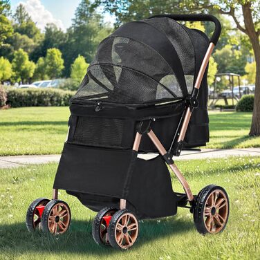 Візок для собак DWVO 3-в-1: візок, переноска, сумка для транспортування. Підходить для собак та котів до 22 кг. Зручний, складаний, з міцними EVA-колесами, кошиком та сітковими віконцями. Розміри: 58,5x76x105 см. Чорний колір.