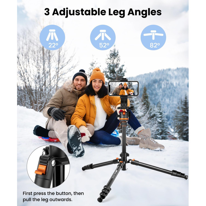 Штатив для камери JOILCAN з алюмінію, 168 см, міцний туристичний штатив з поворотним голковим кріпленням 360° та тримачем для телефону, вантажопідйомність 8 кг, для DSLR Canon Nikon Sony, штатив для iPhone/Smartphone