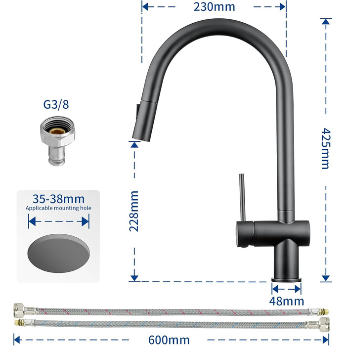 Чорний кухонний змішувач CECIPA SOFETIY SERIE з висувною лійкою, 360° поворот, нержавіюча сталь, 2 режими струменя