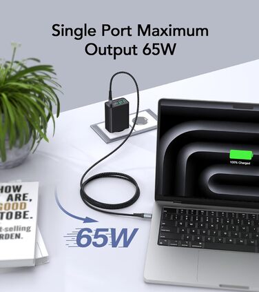 Зарядний пристрій USB-C 65W з 3 портами, кабель 2м, для MacBook, iPhone, Switch, Galaxy, Tablet, Laptop (Чорний)