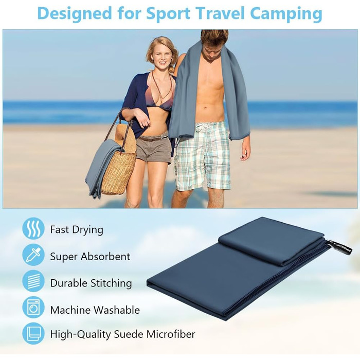Рушник мікрофібра Flintronic, 200x100 см, великий для ванни, швидковисихаючий, спортивний, туристичний, пляжний, для тренажерного залу, сауни (Морська синя, 180x60 см + 80x40 см)