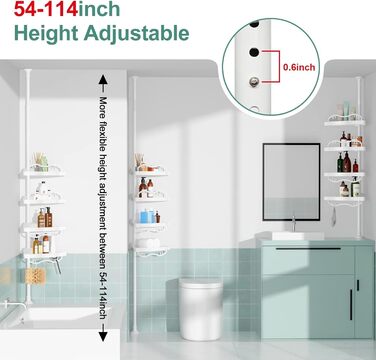Shower Shelf No Drilling, 137-289cm 4-Tier Adjustable Telescopic Corner Shower Shelf, Shampoo Holder for Shower and Bathtub, Bathroom Kitchen Corner Shelf/White