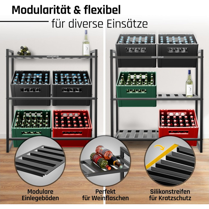 HOPPY STACKER Beverage Crate Shelf 6 Crates with Wine Rack in Anthracite - Solid Beverage Shelf - Crate Shelf with Wall Bracket - Crate Shelf 6 Crates