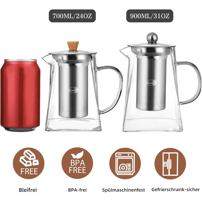 Скляний чайник CNGLASS з ситечком зі сталі, 900 мл, термостійкий заварник для листового та розквітного чаю