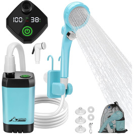 WADEO Portable Camping Shower with Battery and Pump, Camping Shower with Rechargeable 6000/8000mAh Battery, Mobile Showers Outdoor Showers with Shower Head and Hose, for Camping, Travel, Garden, Car Washing (Blue, with Double Digital Display)