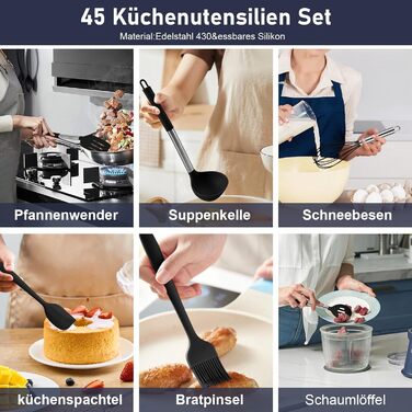 Набір кухонних помічників 45 предметів: силіконове кухонне приладдя, тримач, вінчик з нержавіючої сталі, половник, лопатка, придатне для миття в посудомийній машині, чорний