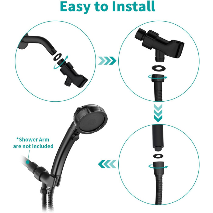 MIAOHUI Modern Handheld Showerhead with On/Off Switch, High-Pressure Showerhead with Handheld, 3 Spray Settings, Detachable Showerhead with Hose, Adjustable Angle Shower Holder (Brushed Nickel) (Black)