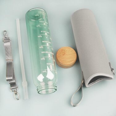 1 Liter Drinking Bottle Glass with Straw & Time Marker, 1L Motivational Glass Water Bottle with Protective Sleeve, Borosilicate Glass Bottle for Carbonated Drinks, Leak-Proof (Gradient Green)