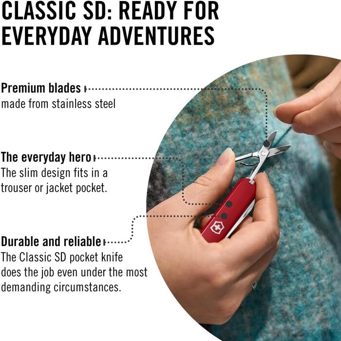Мультитул Victorinox Classic SD: Швейцарський ніж, 7 функцій, з пилочкою для нігтів