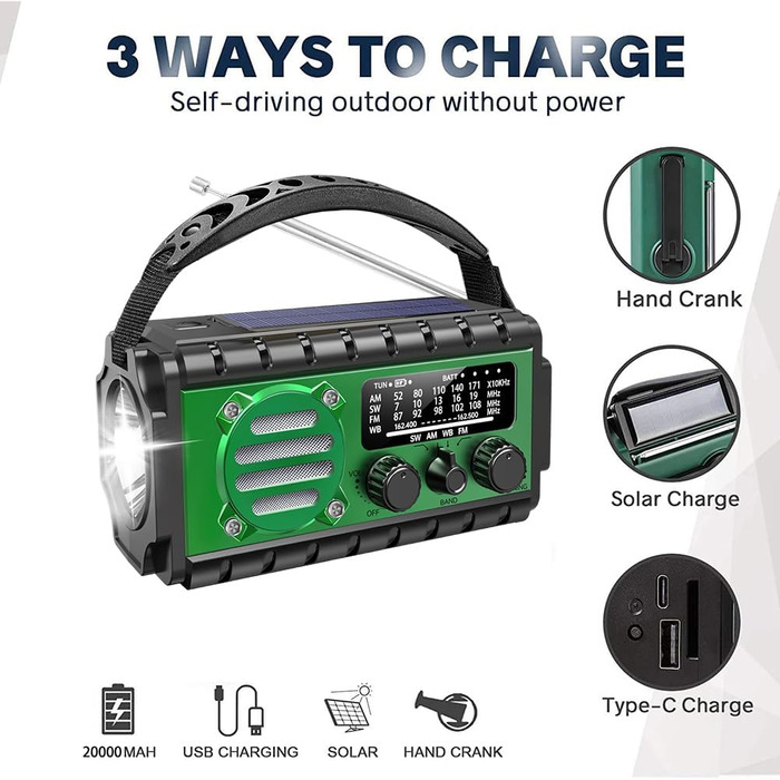 Радіо на ручному валу з сонячною панеллю, 20000 mAh Powerbank, AM/FM/SW/WB радіо погоди, 4 джерела живлення, ліхтарик, USB-C зарядний пристрій & SOS-сигнал, водонепроникне (IPX6) для відпочинку на природі, кемпінгу, будівельних майданчиків, помаранчеве