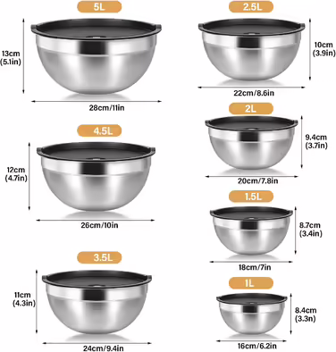 Stainless Steel Bowl Set, 7-Piece, Stainless Steel Mixing Bowls, Salad Bowls, Kitchen Bowls with Lids, Multifunctional Bowls, Nesting