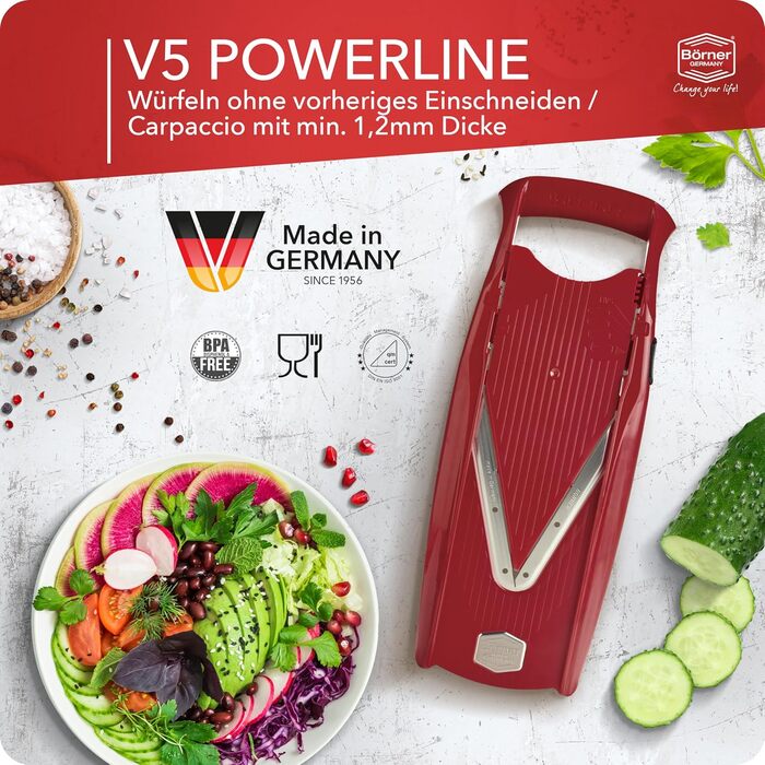 Набір Börner Gemüsehobel V5 (Profi Set): 7-частинний набір для нарізки овочів з регульованим V-подібним ножем з нержавіючої сталі, включає док-станцію. Червоний колір.