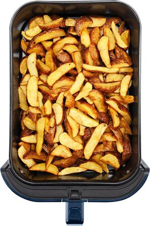 Фритюрниця повітряна BOURGINI з керамічним покриттям, 8 л, блакитна. Безпечна для здоров'я, не містить шкідливих речовин (PFAS, C6, PFHxA, PTFE, PFOA та BPA). Компактний формат.